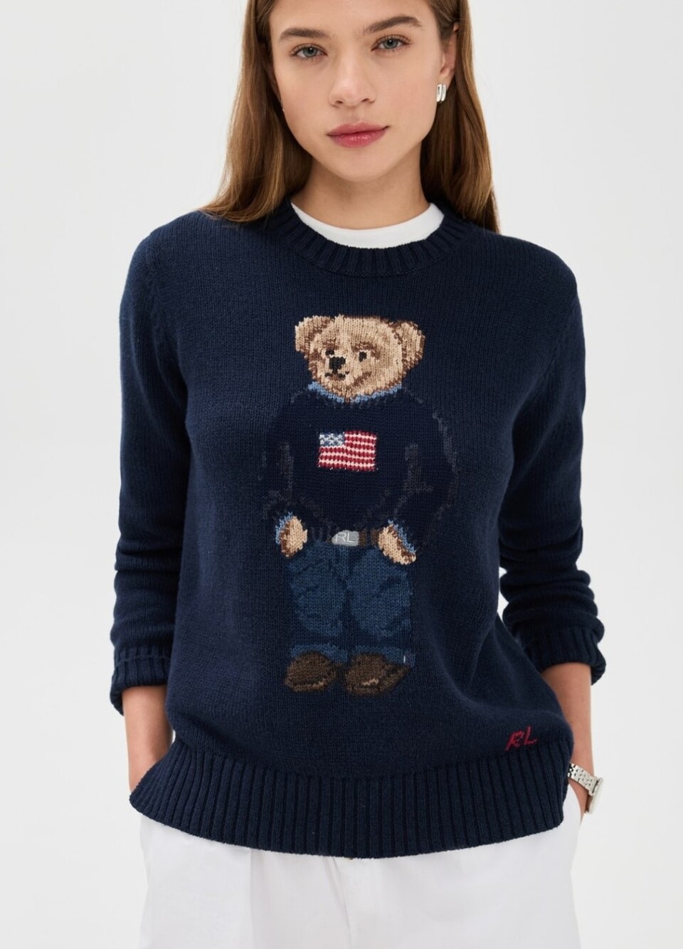 💙EUC Ralph Lauren Polo Teddy Graphic Crewneck Knit Long Sleeve Sweater, Navy, S